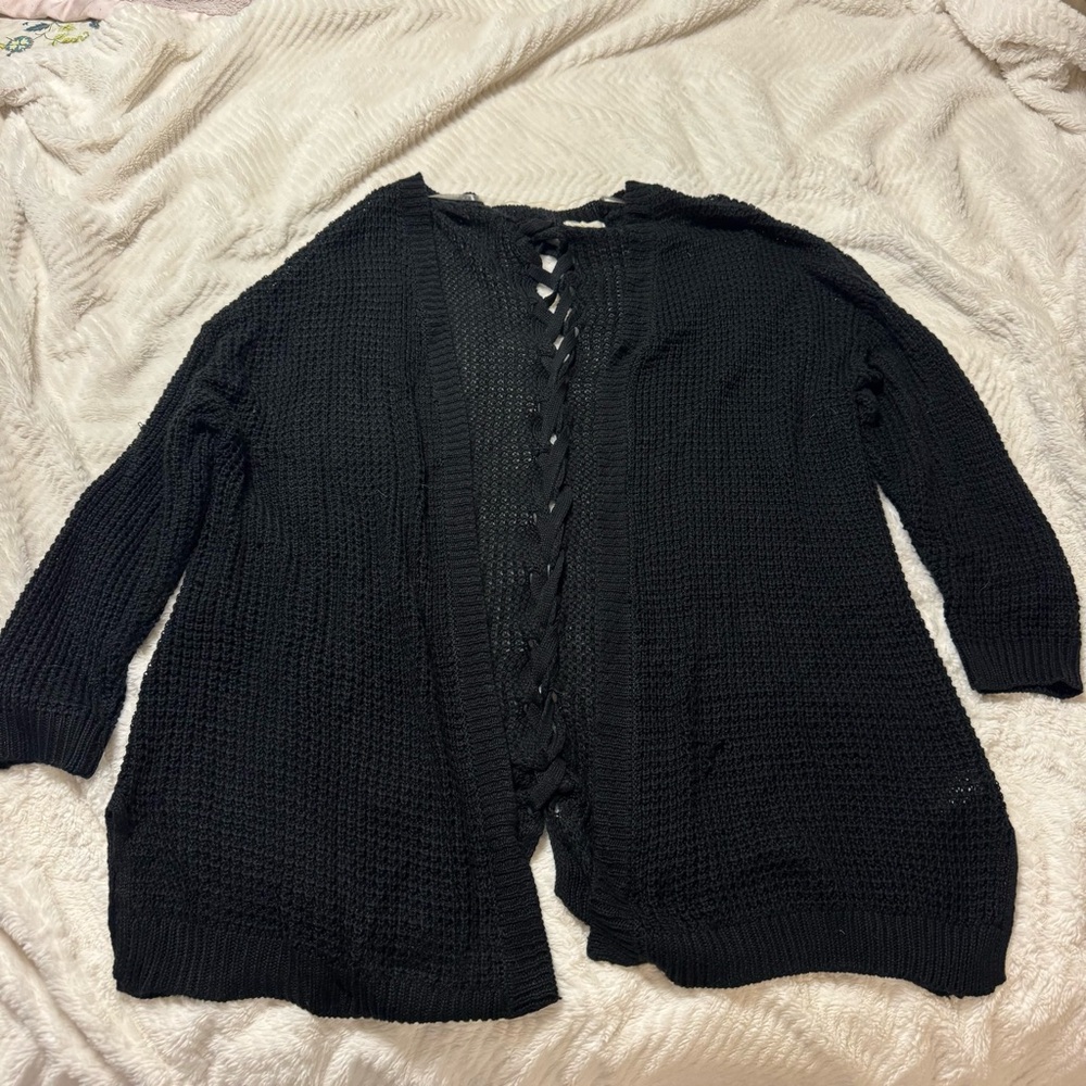 loralette black knitted cardigan with braided knit pattern in back
